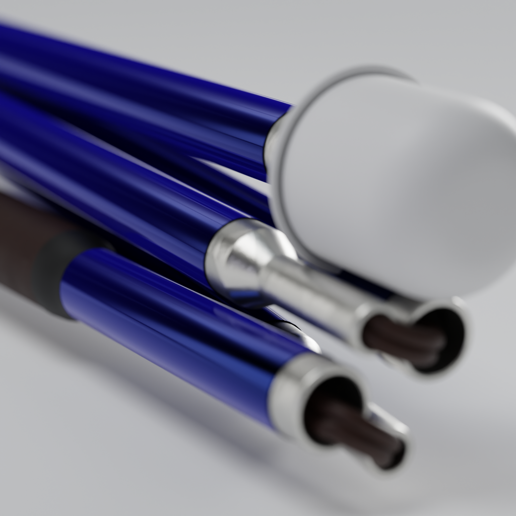 Close up of the marshmallow tip and the vinyl wrap. Our Sapphire Chrome metallic mobility cane by With Ease. Showcased with a white background.
