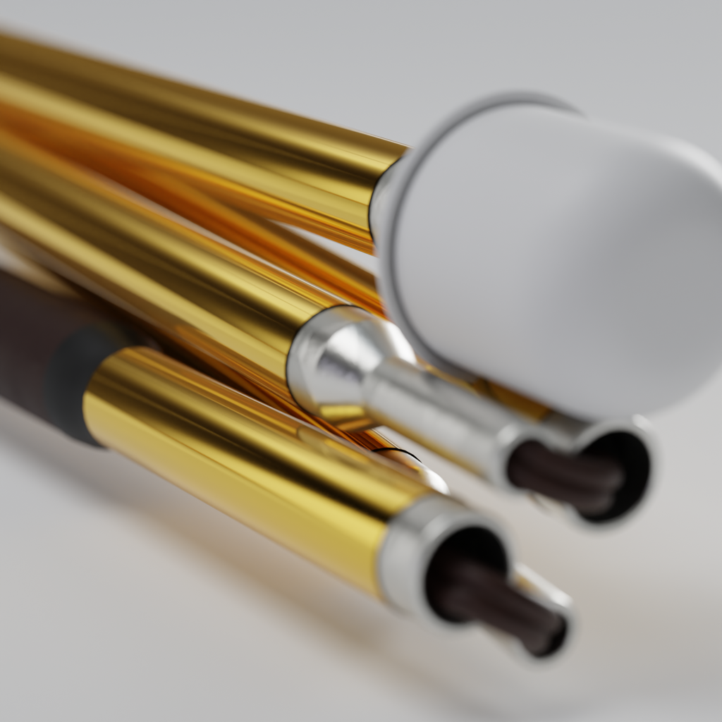 Close up of the marshmallow tip and vinyl wrap. Our Liquid Gold iridescent mobility cane by With Ease. Showcased with a white background.