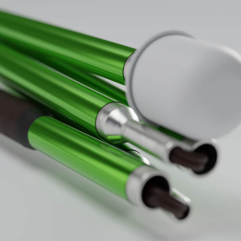 A close up of the marshmallow tip and the vinyl wrap. Our Emerald Chrome metallic mobility cane by With Ease. Showcased with a white background. 