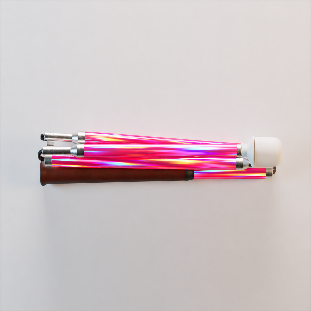Our Pink Prism iridescent mobility cane by With Ease. Showcased with a white background.