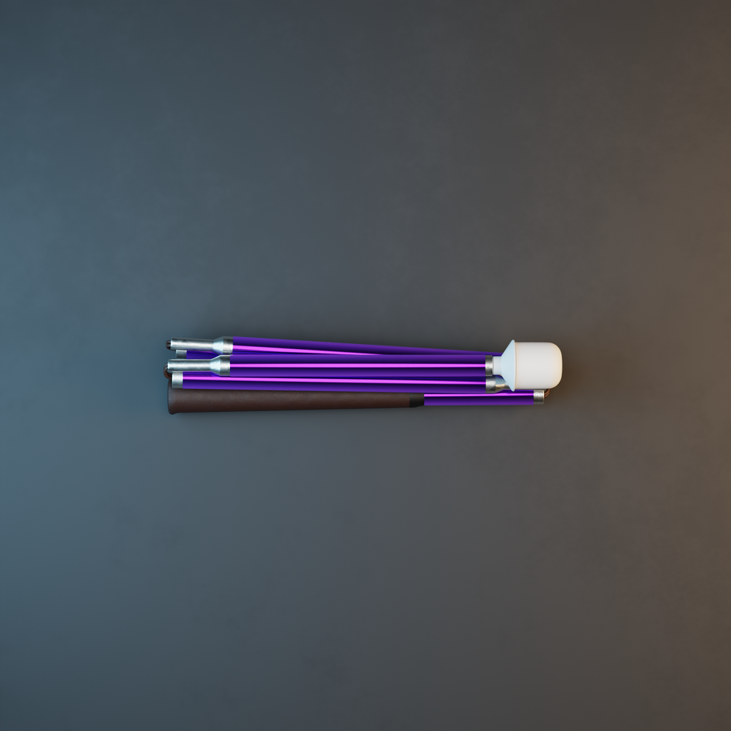 Our Galactic Amethyst metallic mobility cane by With Ease. Showcased with a grey background. 