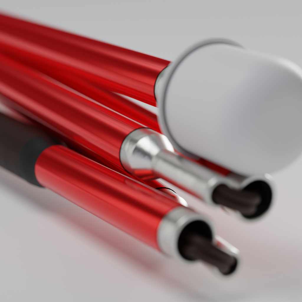 Close up of the marshmallow tip and the vinyl wrap. Our Crimson Chrome metallic mobility cane by With Ease. Showcased with a white background. 