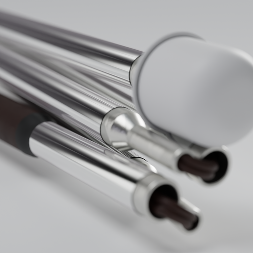 Close up of the marshmallow tip and the vinyl wrap. Our Chrome Silver metallic mobility cane by With Ease. Showcased with a white background.