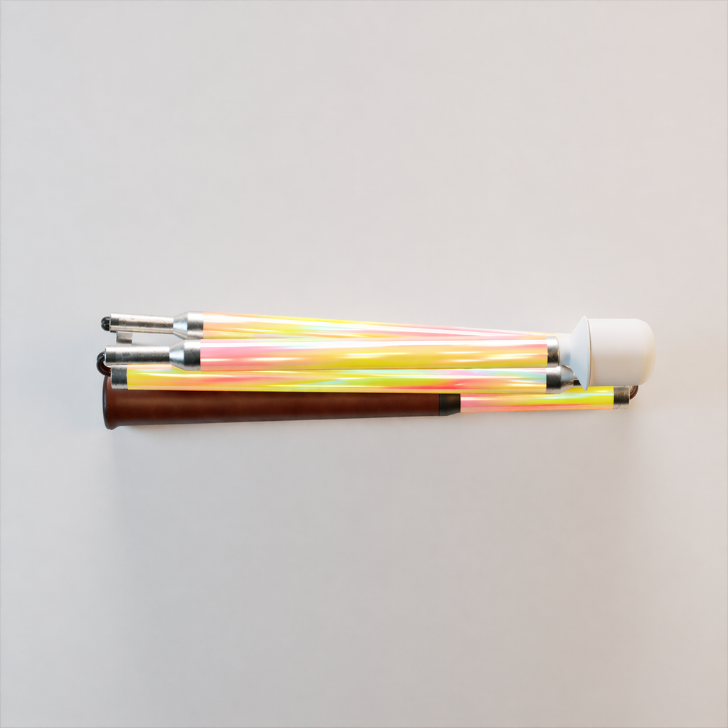 Our Tropical Blush iridescent mobility cane by With Ease. Showcased with a white background.