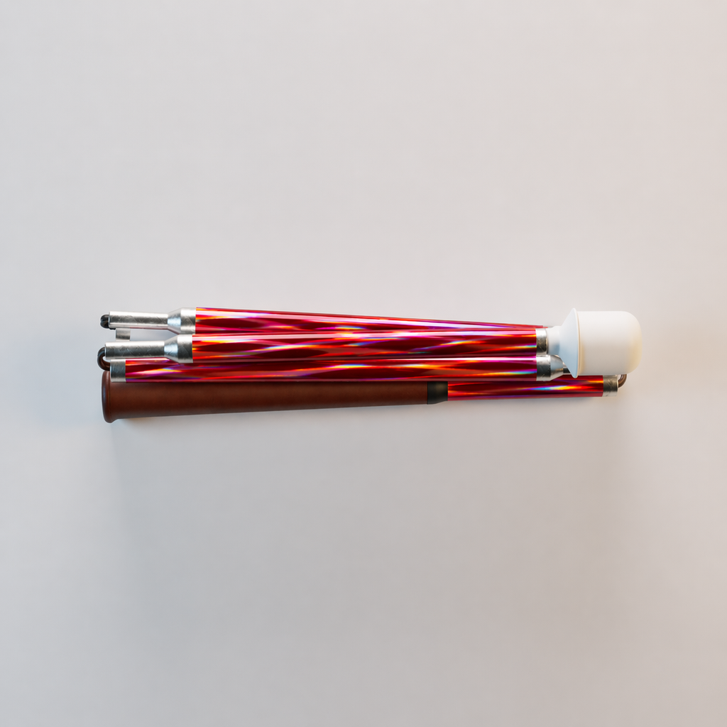 Our Velvet Rainbow iridescent mobility cane by With Ease. Showcased with a white background.